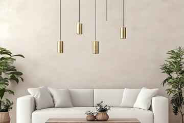 Photo of a Modern Living Room with White Sofa Gold Pendant Lamps and