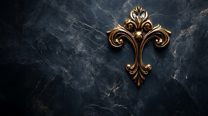 A decorative gold ornament is resting on a dark marble surface