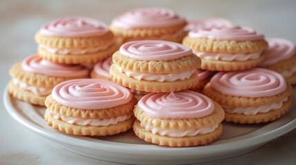 Mauritian napolitaines sandwich cookies pink icing arranged neatly on white ceramic dish