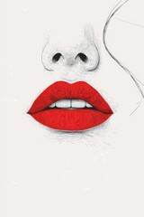 Minimalistic line art illustration featuring a close-up of red lips and a nose on a neutral background