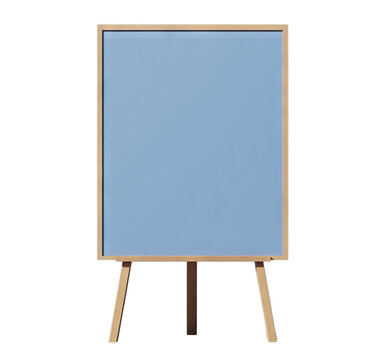 A simple blue board is set on a wooden stand, positioned in a clean and minimalistic area, illuminated by soft daylight, perfect for notes or announcements