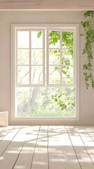 Obraz premium Photo Of Bright Window View with Green Foliage Inside White Room Interior