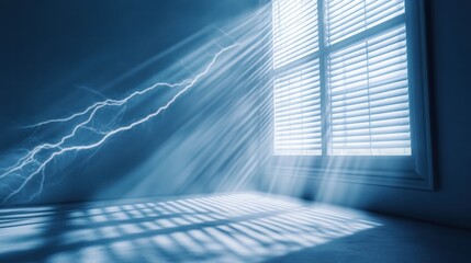 Dramatic lightning illuminating a room through a window, casting shadows on the floor
