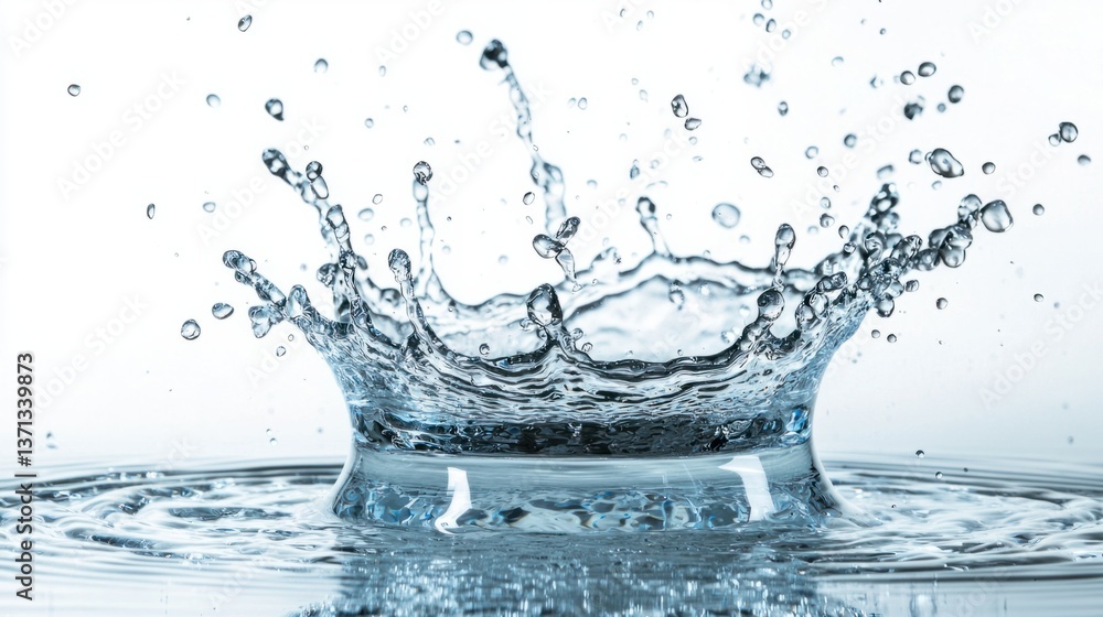 Poster water splash with droplets creating waves on calm surface