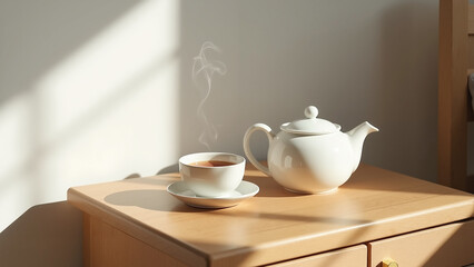 White teapot and steaming teacup on wooden table in morning sunlight minimal interior