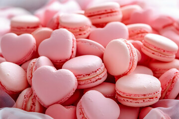 Fototapeta premium Photo of Delicious Pink Macarons and Heart Shaped Pastries Close Up Texture