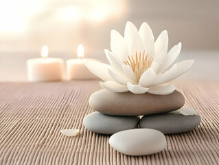 Photo of Lotus Flower with Candles and Stones Creating a Zen Background
