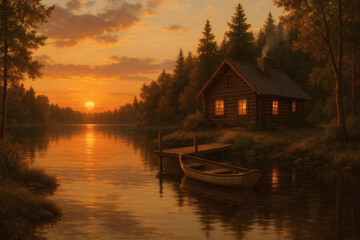 Fototapeta premium Rustic lake cabin at sunset with dock and wooden rowboat