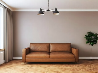 Photo of Modern Interior Brown Sofa with a Plant and Wooden Floor