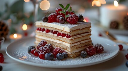 Cake slice ceramic plate with elegant table decor and candlelight copy space on the right side
