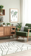 Photo of Modern Living Room Interior With Green Sofa Plants and Wooden Furniture