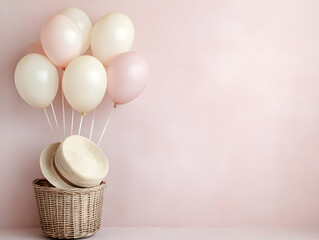 Photo of Pastel Pink Balloons Rising Above a Woven Basket in a Light Pink Background
