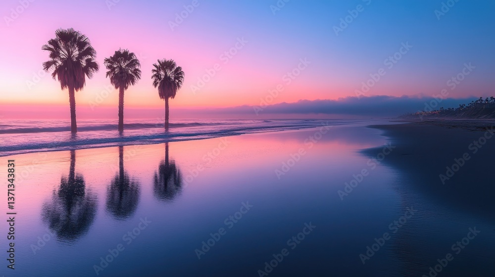 Aufkleber vibrant sunset reflecting on calm waters with palm trees lining the shore of a serene beach in a tro