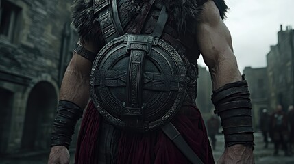 Brave warrior guards an old town; people walk nearby, ready for battle. For history book cover