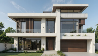 Fototapeta premium A modern minimalist house design, front view, with clean lines, flat roof, large windows, and a mix of concrete, glass, and wood materials.