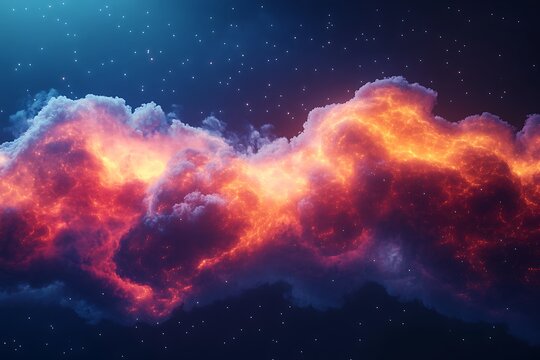 A dynamic digital cloud composed of floating particles and abstract waveforms. The cloud pulses with energy, shifting colors and patterns as it flows across a dark, minimalist background