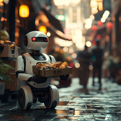 Fototapeta premium Futuristic Service Robot Navigates Urban Streets: A Marvel of Automation and AI Technology