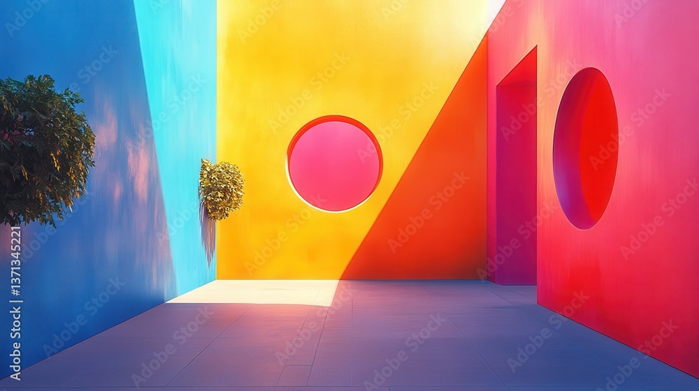 Aufkleber staircase leading through vibrant colored walls with circular openings in a modern architectural set