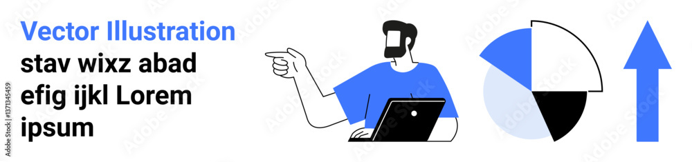 Poster man with laptop pointing forward, pie chart symbolizing analytics, arrow denoting growth. ideal for 