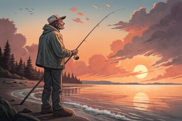 Tranquil Sunset Fishing: An Elderly Man's Serene Evening