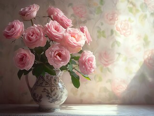 Obraz premium Pink Roses Arrangement in Vase Still Life Soft Light Composition