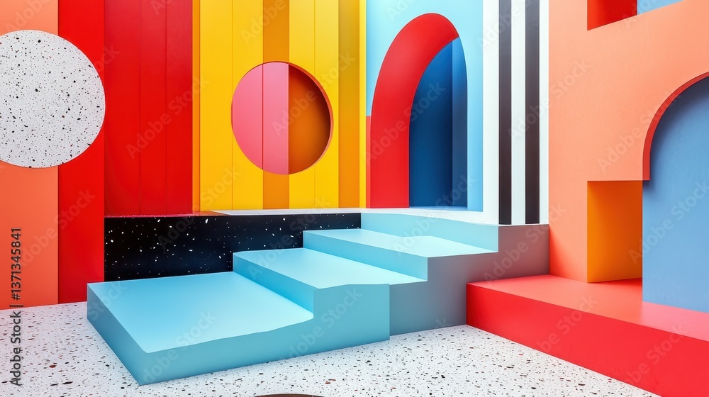 Aufkleber staircase leading through vibrant colored walls with circular openings in a modern architectural set