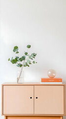 Photo of Minimalist Wooden Cabinet with Plant Vase Books Against