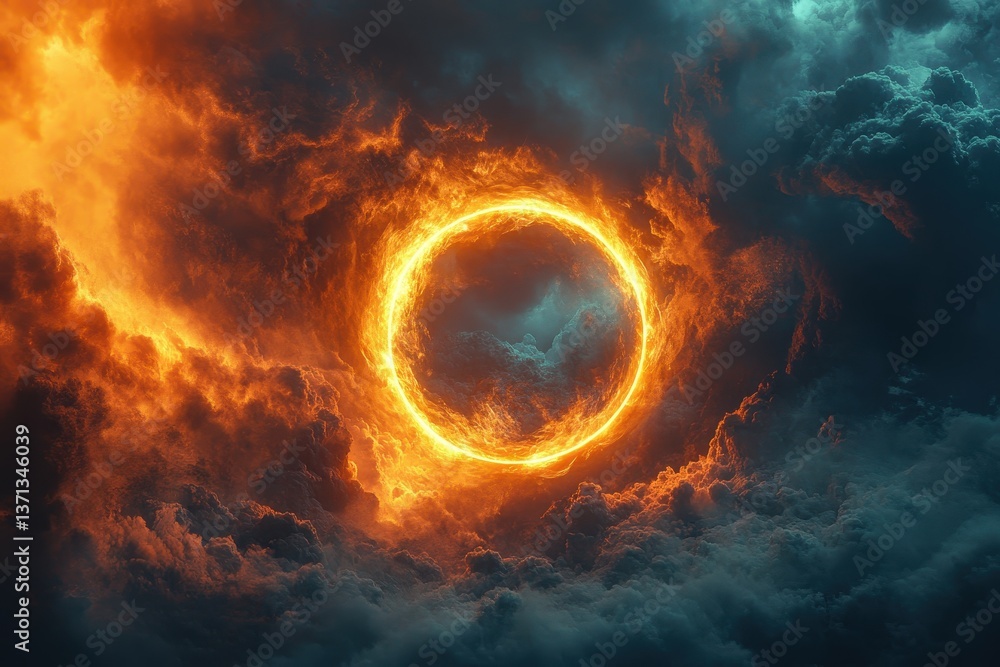 Aufkleber mysterious fiery circle in turbulent ocean waters under moody storm clouds during twilight hours