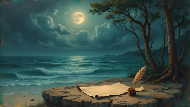 Desert island with green ocean and medieval quill with parchment