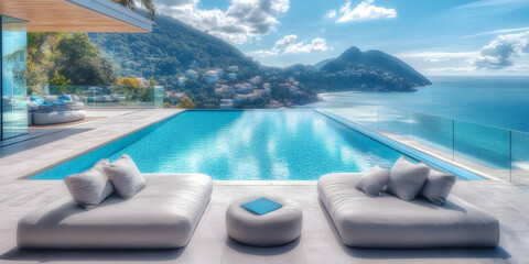 Photo Scenic Pool and Ocean View with White Lounge Chairs and Blue Water