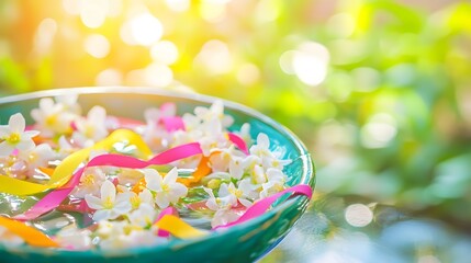 Vibrant water bowl with jasmine and ribbons, symbolizing Songkran's festive renewal and joy
