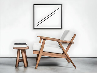 Photorealistic Minimalist Interior Scene Wooden Chair with White Cushion