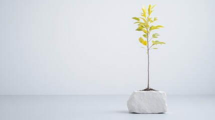 Obraz premium Sapling in stone pot minimalist photography, simple background, growth concept, neutral tones, modern design