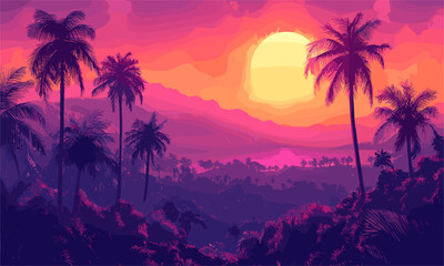 Vibrant tropical sunset with palms and mountains - vector