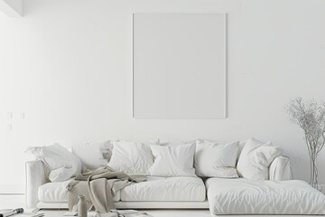 Vibrant Image of White Living Room Interior Poster and Couch, Woman