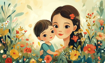 Mother and child in a colorful flower garden, family love and nature theme, vector