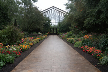Obraz premium A path with a greenhouse on the right side