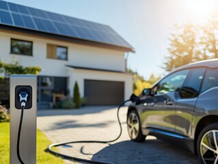 Close-up of rectangular silver pedestal charging station charging EV, house with rooftop solar panels in background, sunny day, Germany