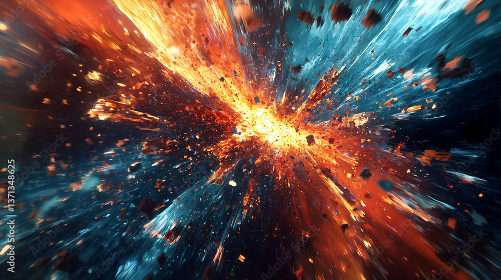 Poster Intense exploding fire and sparks creating a captivating abstract scene with dynamic lighting and vibrant energy in artistic expression.
