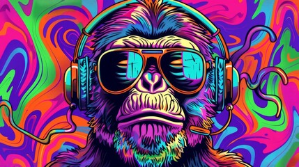 whimsical illustration of cool monkey wearing colorful headphones pop art style vibrant hues playful expression perfect for modern tshirt design or urban street art