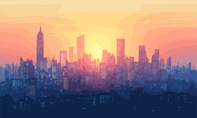 Fototapeta premium Vibrant orange cityscape at sunset with silhouetted skyline - vector