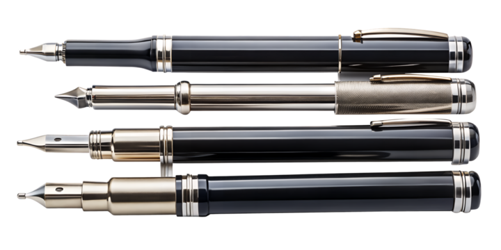Elegant Writing Instruments: Four luxurious fountain pens showcase a sophisticated aesthetic, ready for a touch of class.