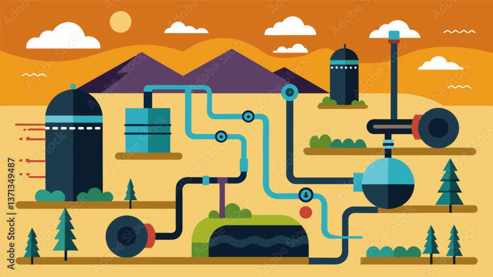 Poster a maze of pipes and tanks weaving through the land and connecting various processing sites handling 