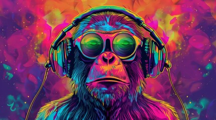 whimsical illustration of cool monkey wearing colorful headphones pop art style vibrant hues playful expression perfect for modern tshirt design or urban street art