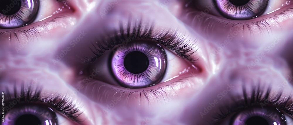 Poster colorful seamless trippy pattern with melting eyes creating a rainbow effect across the design