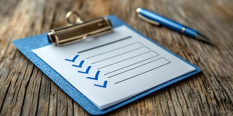 Checklist on Clipboard, Wooden Table