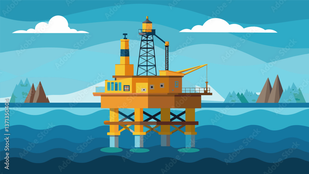 Poster a desolate oil rig floating in the middle of the ocean drilling into the seabed to access buried fos