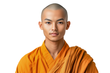 Portrait of a Buddhist monk in traditional orange robes with a serene expression. Transparent background.