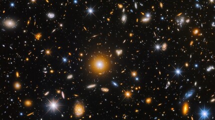 Fototapeta premium A vibrant deep space image showing numerous galaxies of different shapes and colors scattered across a star-filled universe