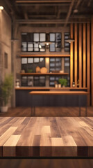 Fototapeta premium Wooden Kitchen Table with Blurred Interior Background Photo